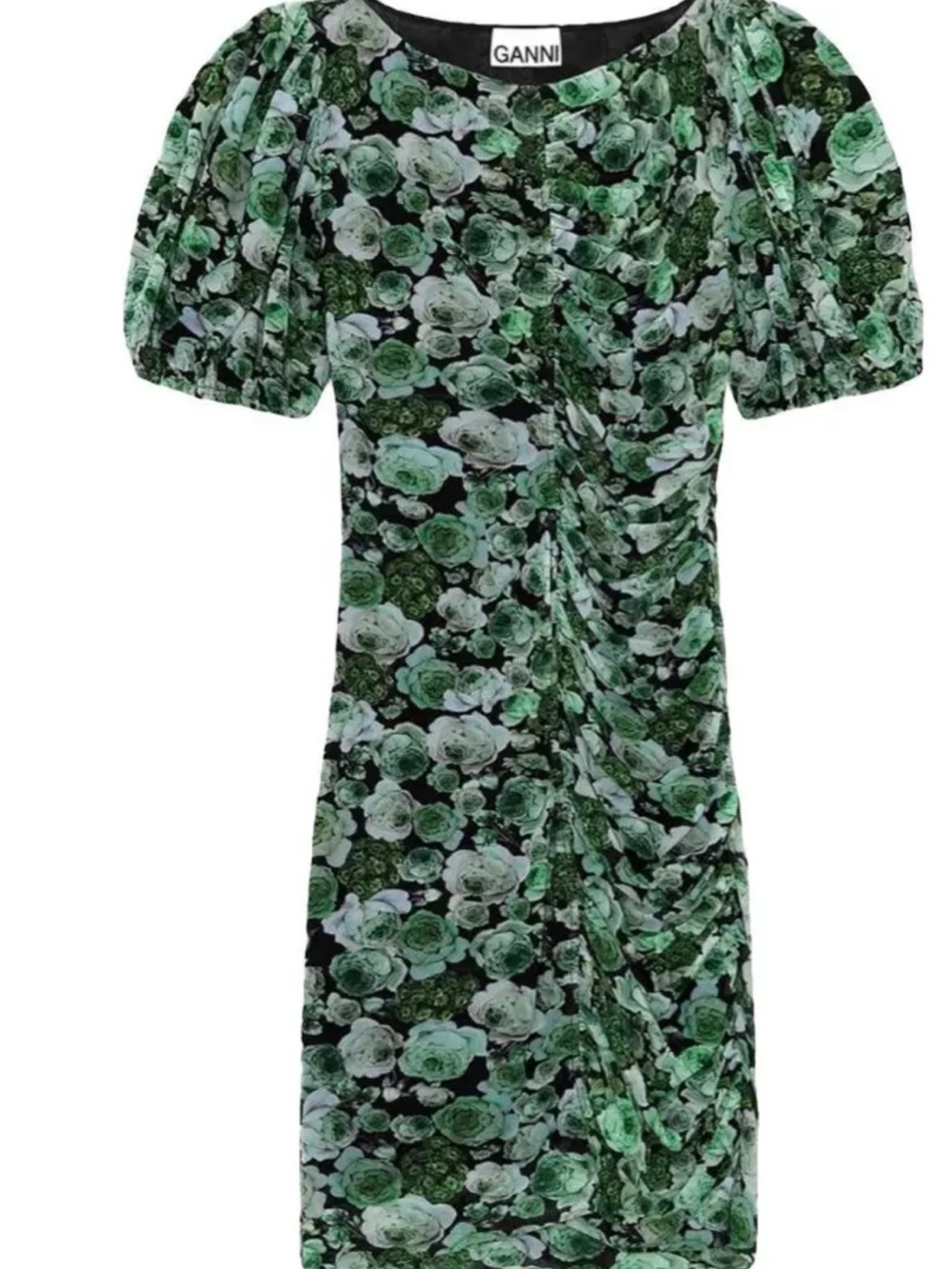 Ganni Green Floral Ruched Midi Dress